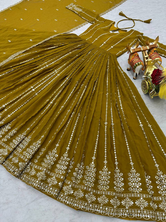 Fantastic Georgette Embroidery Work Mustard Color Gown