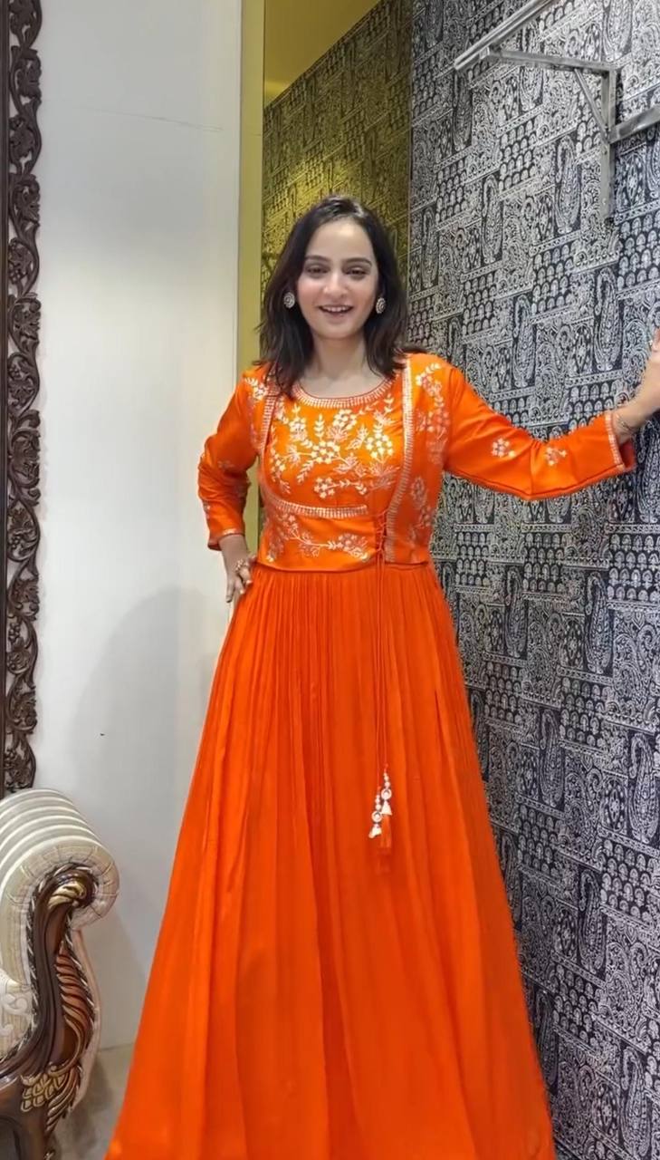 Awesome Chinon Sequence Work Orange Color Gown