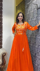 Awesome Chinon Sequence Work Orange Color Gown Awesome Chinon Sequence Work Orange Color Gown