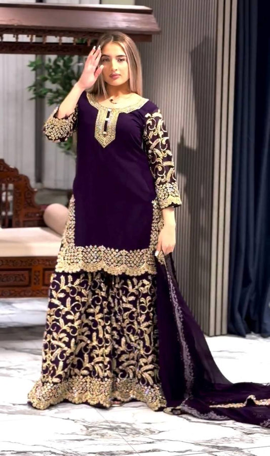 Preferable Sequence Work Purple Color Top Sharara With Dupatta Set
