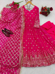 Function Wear Embroidery Work Pink Color Gown With Dupatta Function Wear Embroidery Work Pink Color Gown With Dupatta