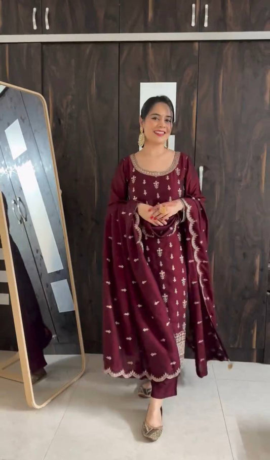 Designer Sequence Work Maroon Color Top With Dupatta Set