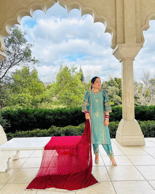 Outstanding Organza Hand Work Sky Blue Color Palazzo Suit