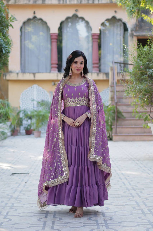 Demanding Georgette Purple Color Lace Work Gown