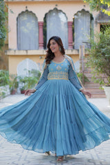 Demanding Georgette Sky Blue Color Lace Work Gown Demanding Georgette Sky Blue Color Lace Work Gown