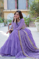 Demanding Georgette Lavender Color Lace Work Gown Demanding Georgette Lavender Color Lace Work Gown