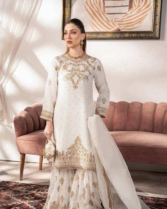 Gorgeous Georgette White Color Sharara Suit