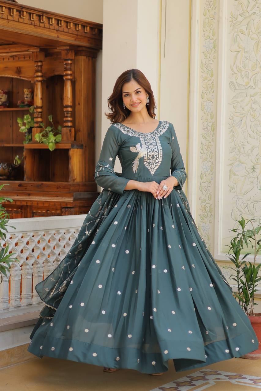 Fantastic Embroidery Work Teal Green Color Long Gown With Dupatta