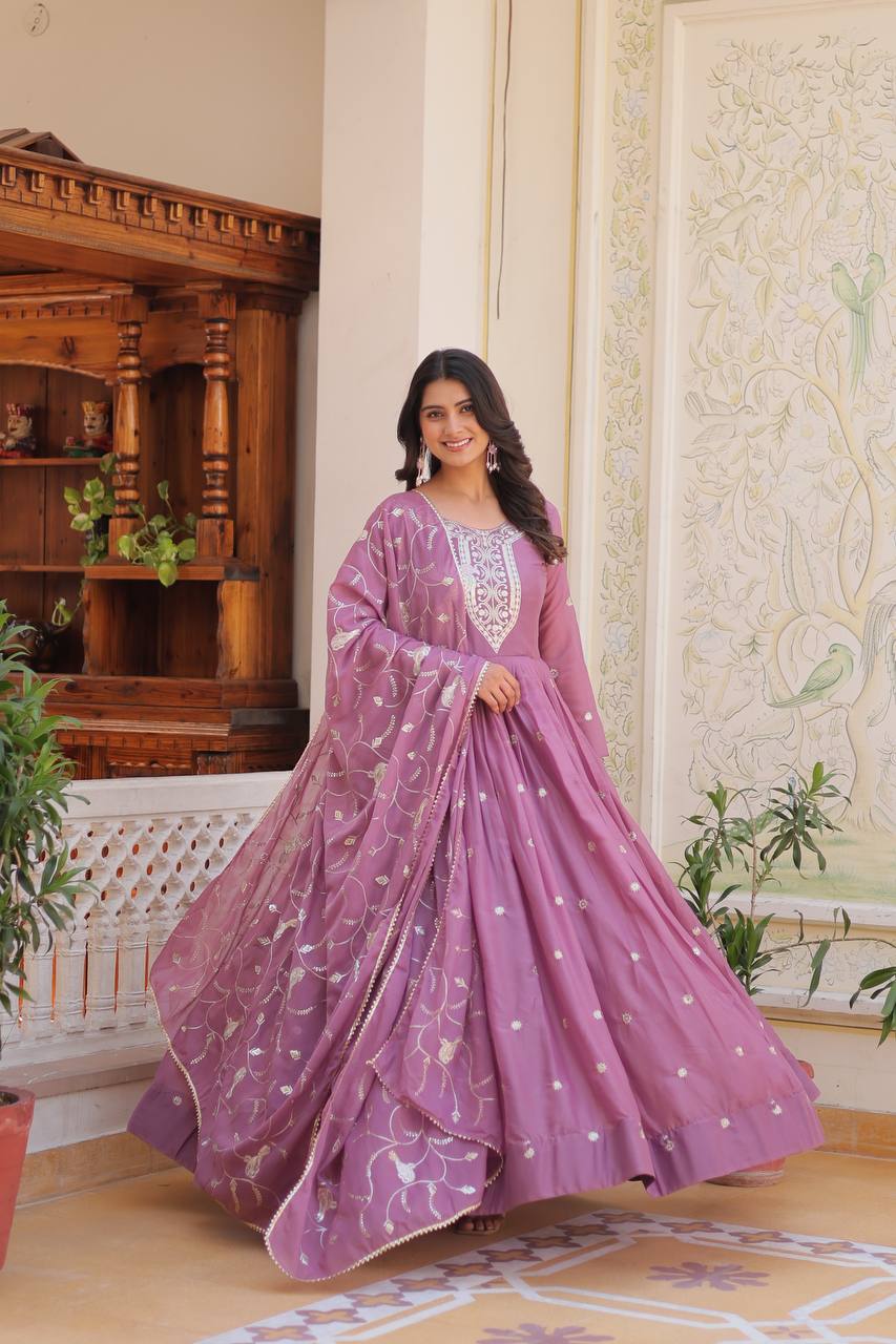 Fantastic Embroidery Work Pink Color Long Gown With Dupatta