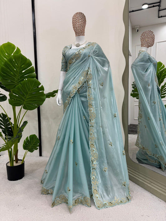 Flattering Sequence work Sky Blue Color Saree