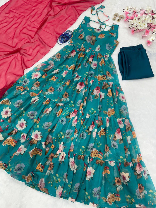 Decent Flower Print Blue Color Anarkali Suit
