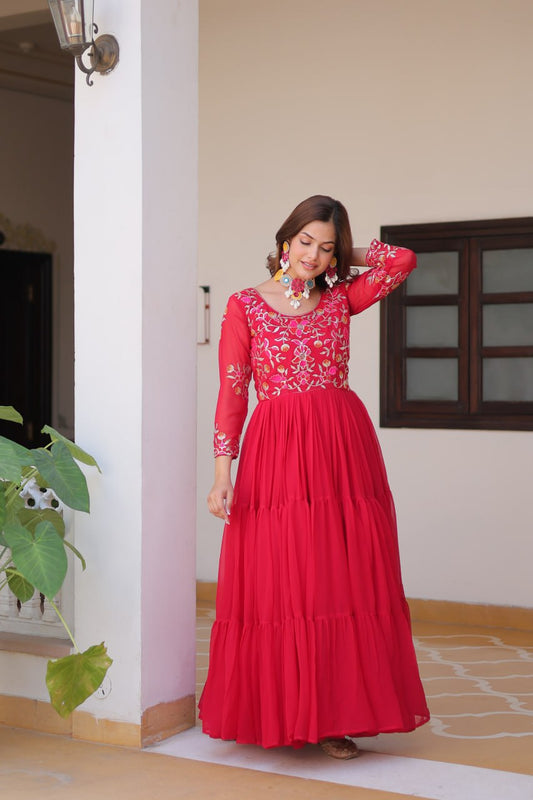 Stylish Sequence Thread Work Red Color Long Gown