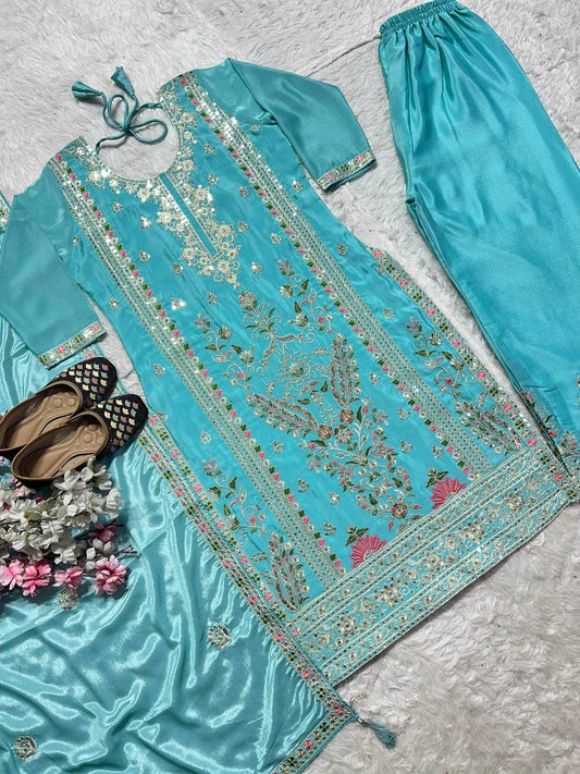Outstanding Sequence Work Blue Color Sharara Suit