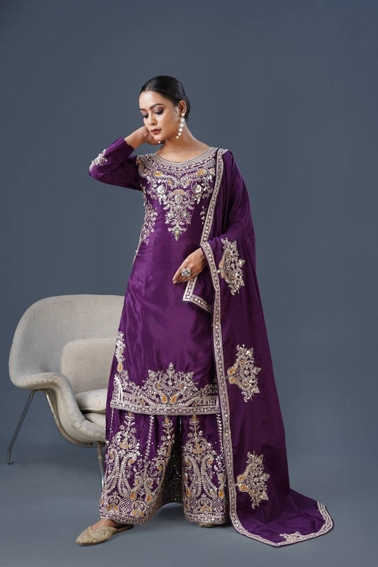 Designer Sequence Work Purple Color Sharara Suit