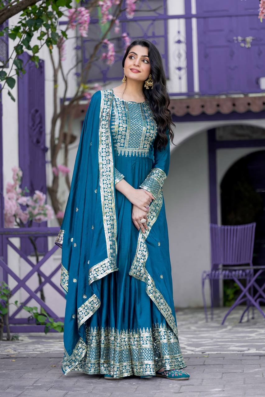 Delightful Chinon Silk Teal Blue Color Sequence Work Gown