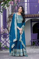 Delightful Chinon Silk Teal Blue Color Sequence Work Gown Delightful Chinon Silk Teal Blue Color Sequence Work Gown