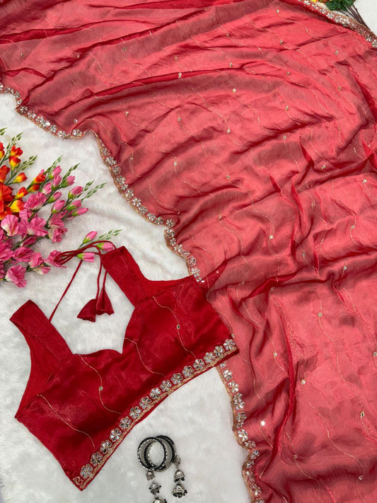 Awesome Glitter Dori Work Red Designer Saree