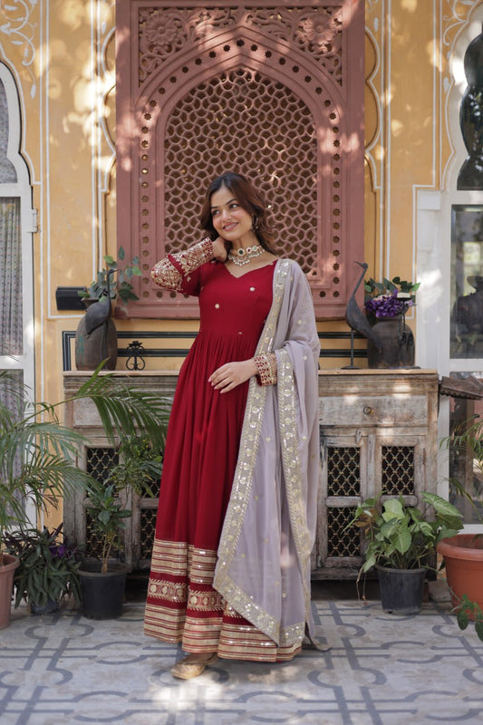 Occasion Wear Sequins Work Red Color Gown With Dupatta