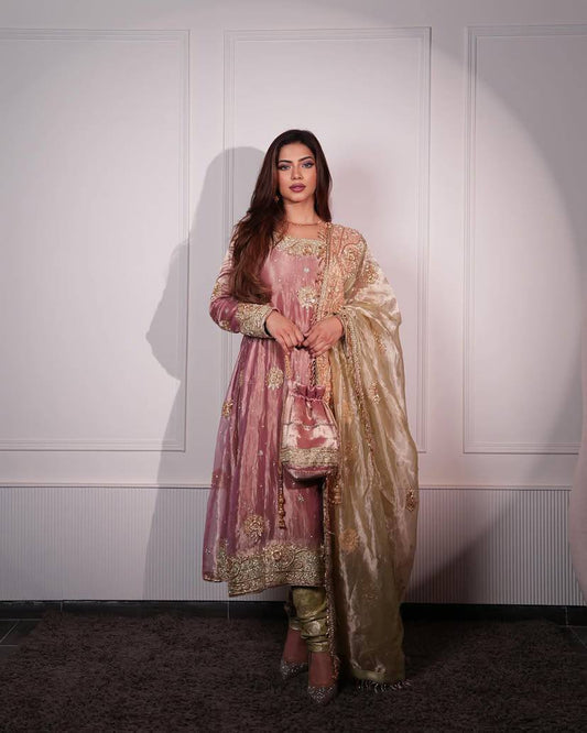 Awesome Embroidery Sequins And Moti Work Peach Color Anarkali Suit