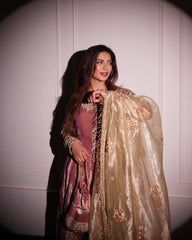 Awesome Embroidery Sequins And Moti Work Peach Color Anarkali Suit Awesome Embroidery Sequins And Moti Work Peach Color Anarkali Suit