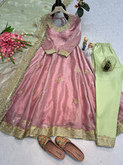 Awesome Embroidery Sequins And Moti Work Peach Color Anarkali Suit Awesome Embroidery Sequins And Moti Work Peach Color Anarkali Suit