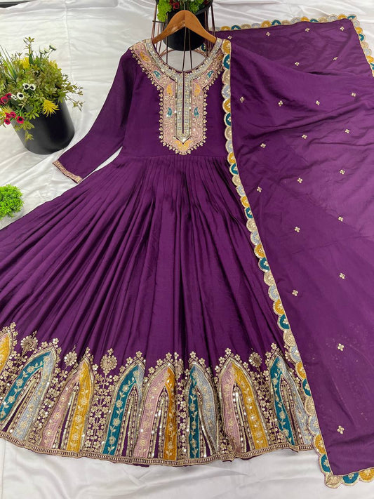 Wonderful Sequence Work Chinon Silk Purple Color Gown