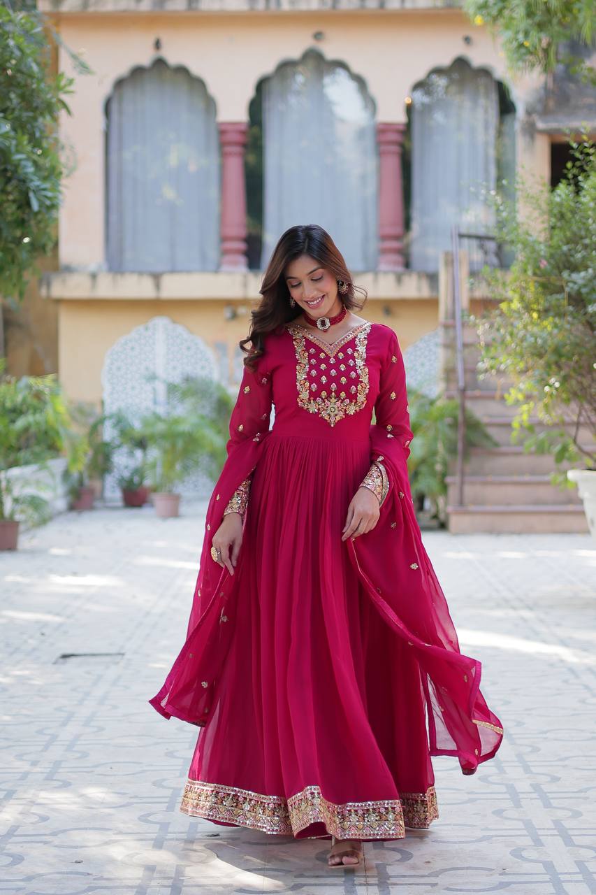 Fantastic Embroidered Work Pink Color Gown With Dupatta