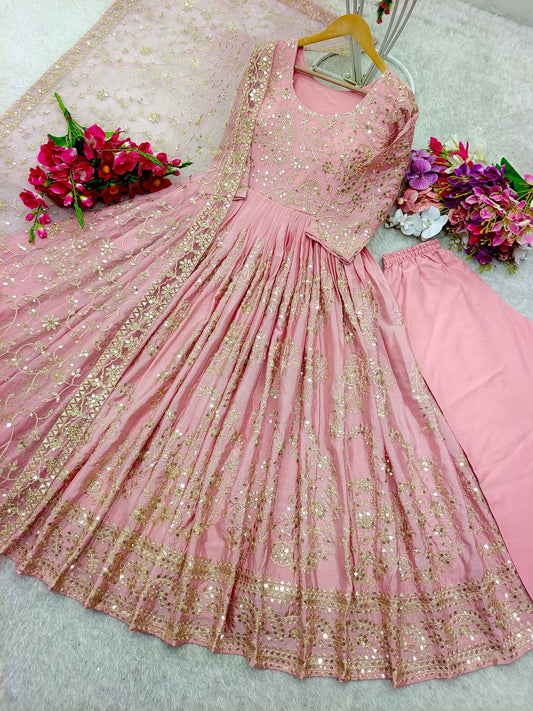 Function Wear Heavy Sequence Work Light Pink Color Long Gown