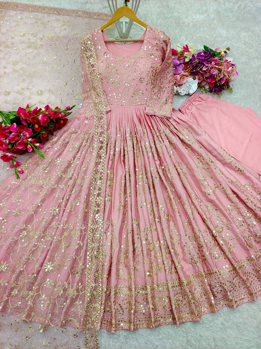 Function Wear Heavy Sequence Work Light Pink Color Long Gown