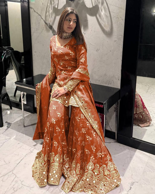 Delightful Simmer silk Orange Color Sharara Suit