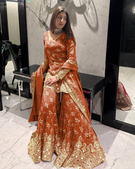 Delightful Simmer silk Orange Color Sharara Suit Delightful Simmer silk Orange Color Sharara Suit