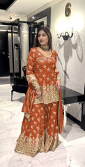 Delightful Simmer silk Orange Color Sharara Suit Delightful Simmer silk Orange Color Sharara Suit