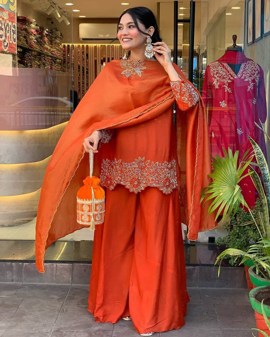 Traditional wear Georgette Orange Color Sharara Suit