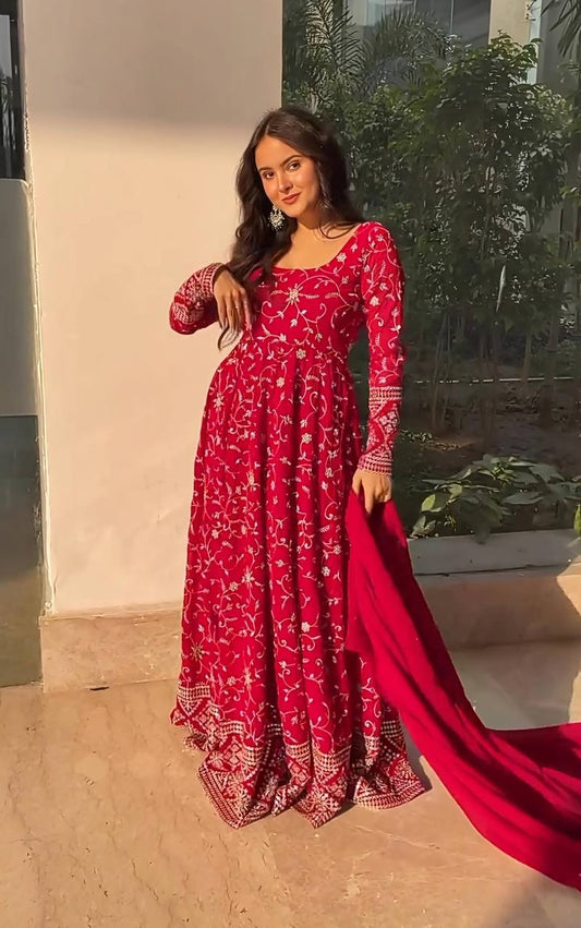 Wedding & Party Wear Embroidery Work Dark Pink Color Gown