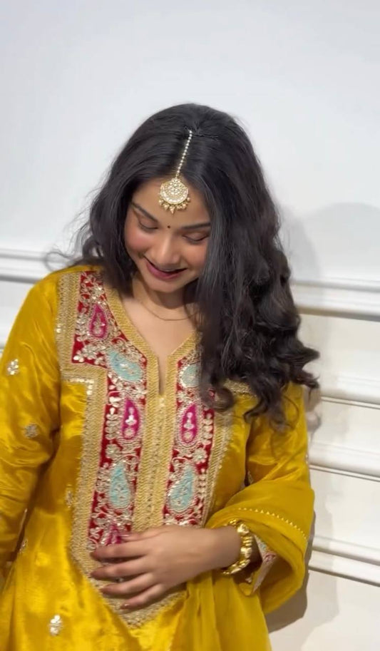 Captivating Chinon Silk Yellow Color Sharara Suit