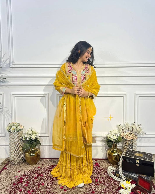 Captivating Chinon Silk Yellow Color Sharara Suit