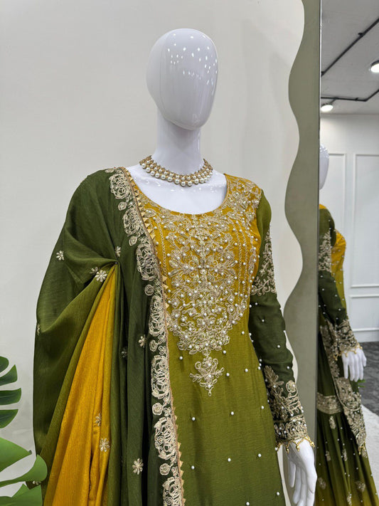 Preferable Chinon Silk Double Shade Mehndi Color Sharara Suit