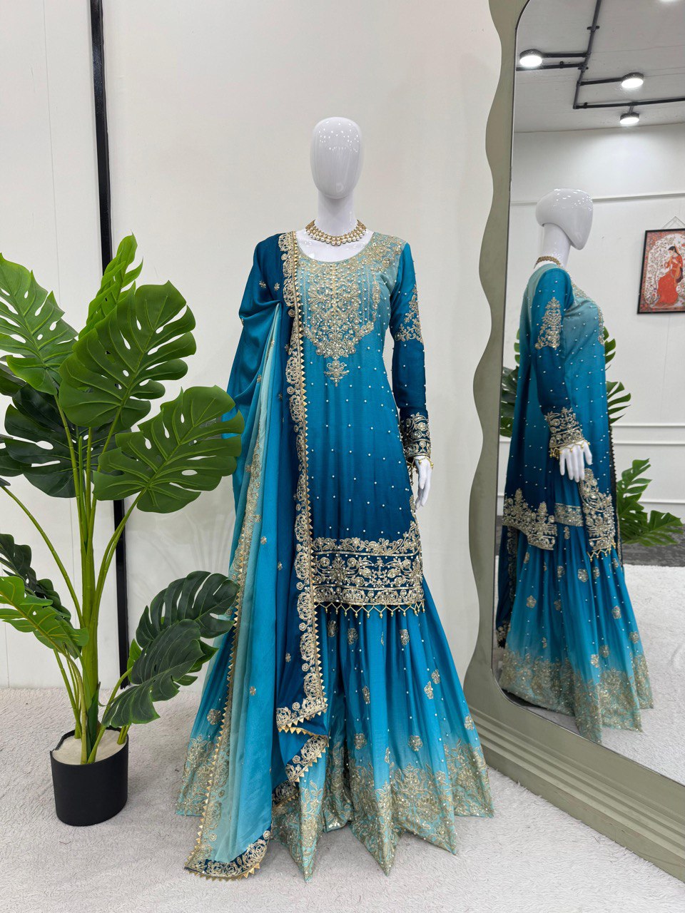 Preferable Chinon Silk Double Shade Sky Blue Color Sharara Suit