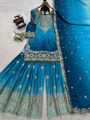 Preferable Chinon Silk Double Shade Sky Blue Color Sharara Suit Preferable Chinon Silk Double Shade Sky Blue Color Sharara Suit