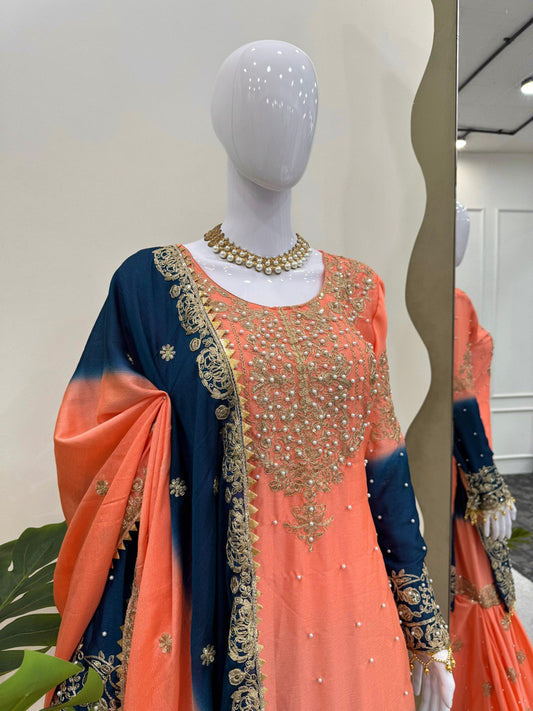 Preferable Chinon Silk Double Shade Peach Color Sharara Suit