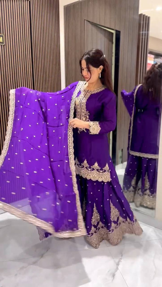 Gorgeous Embroidery Work Purple Color Sharara Suit