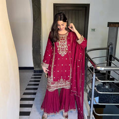 Wedding & Party Wear Sequins Work Red Color Sharara Suit Wedding & Party Wear Sequins Work Red Color Sharara Suit
