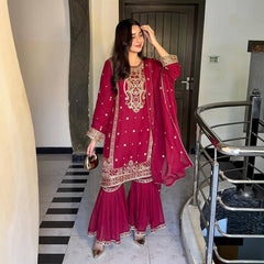 Wedding & Party Wear Sequins Work Red Color Sharara Suit Wedding & Party Wear Sequins Work Red Color Sharara Suit