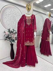 Wedding & Party Wear Sequins Work Red Color Sharara Suit Wedding & Party Wear Sequins Work Red Color Sharara Suit