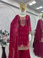Wedding & Party Wear Sequins Work Red Color Sharara Suit Wedding & Party Wear Sequins Work Red Color Sharara Suit