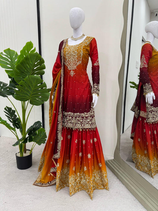Preferable Chinon Silk Double Shade Red Multi Color Sharara Suit