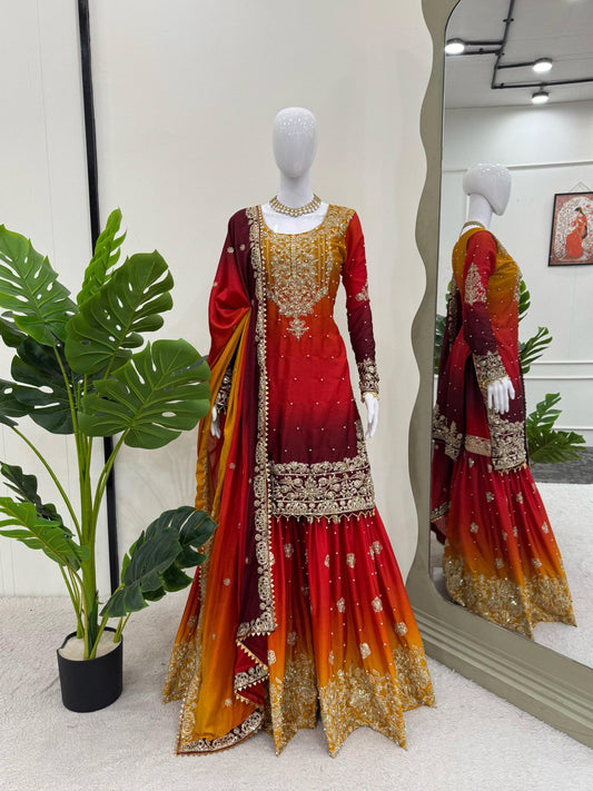 Preferable Chinon Silk Double Shade Red Multi Color Sharara Suit