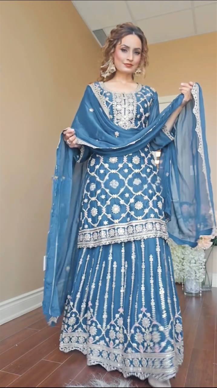 Function Wear Chinnon Silk Teal Blue Color Sharara Suit