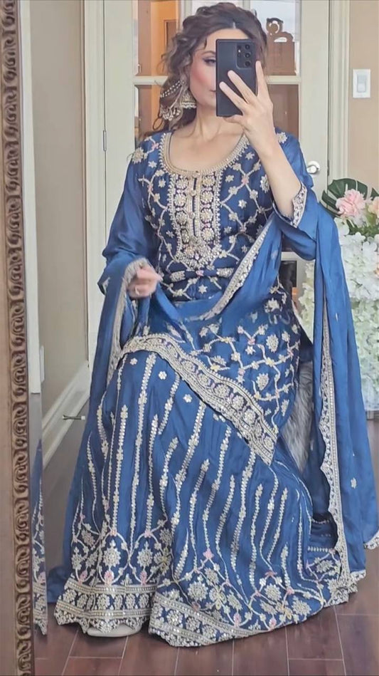Function Wear Chinnon Silk Teal Blue Color Sharara Suit
