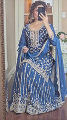 Function Wear Chinnon Silk Teal Blue Color Sharara Suit Function Wear Chinnon Silk Teal Blue Color Sharara Suit
